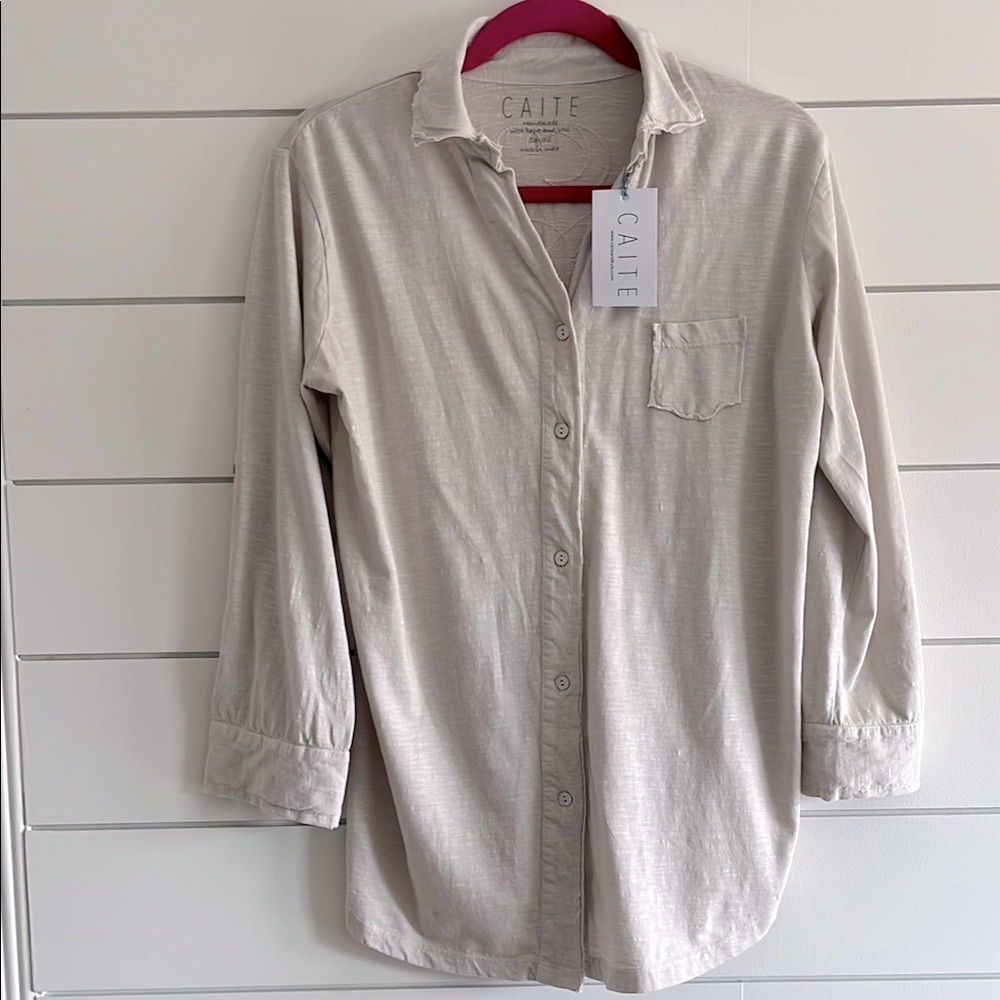 Kyla Seo & Caite Beige Cotton Button-Up Shirt NWT Size Large